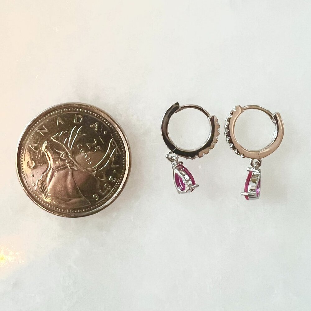 Lab Ruby Drop, Sterling Silver and CZ Huggie Hoops - stamped .925 - Picture 4 of 5